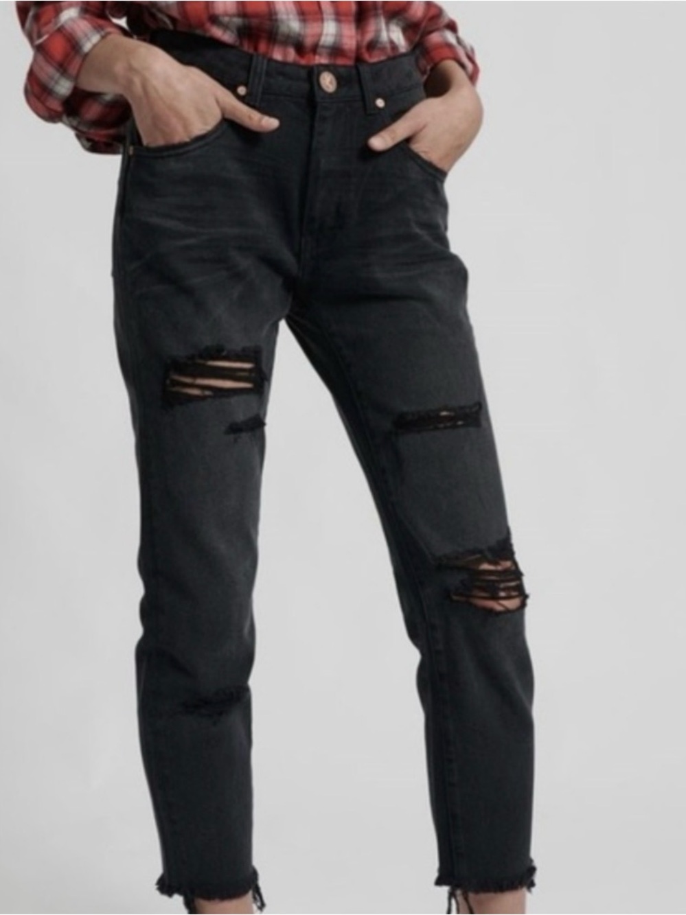 One Teaspoon Black Distressed Awesome Baggies Jeans Cropped Raw Hem 28